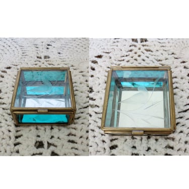 Vintage Glass & Brass Jewelry Box - Mini Etched Box - Keepsake Treasure Trinket Curio Display Holder - Stained Glass 