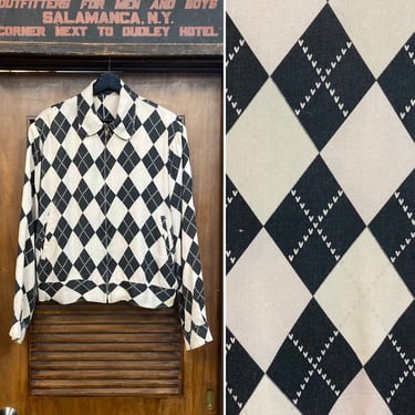 Vintage 1980’s Argyle Diamond 1950’s Style “Reminiscence” Rayon Rockabilly Jacket, 80’s Vintage Clothing 