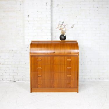 Vintage MCM teak roll top / barrel top desk / 4 drawer dresser Made in Sweden | Free shipping only in NYC and Hudson Valley areas 