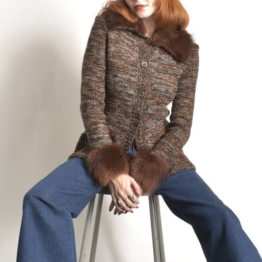 Vintage 1970s Sweater / 70s Crissa Fur Trimmed Wool Cardigan / Brown ( medium M ) 