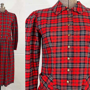 Vintage Petite Lanz Plaid Drop Waist Dress Red Black Long Sleeve Fit & Flare Fall Autumn Small XS 1980s 