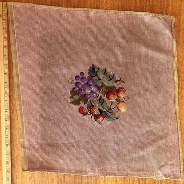 Antique Tapestry FRUIT Wool Needlepoint Petit Point Remnant Fabric Pink GRAPES 