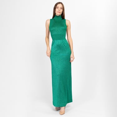 XS 70s Jade Green Lurex Knit Maxi Dress | Vintage Metallic Sleeveless Ribbed Formal Disco Gown 