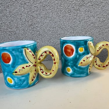 Vintage contemporary Starfish handle ceramic pottery mugs set 2 by Macy’s NWT Made in Italy 