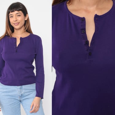 Purple Henley Shirt 90s Ralph Lauren Long Sleeve T-Shirt Basic Plain Cotton Undershirt Button up V Neck Layering Top Vintage 1990s Medium M 