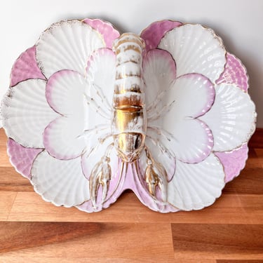 Early 1900 Victorian Porcelain Divided Lobster Bowl. Late Victorian Pink and White Scalloped Shell Decorative Dish. 
