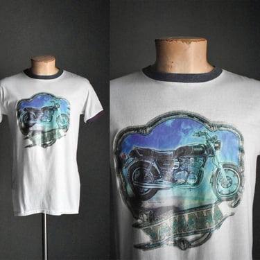 Vintage 1980s Yamaha Motorcycle Iron On Tshirt / Vintage 80s Ringer Tshirt / Yamaha Ringer Tee Medium 