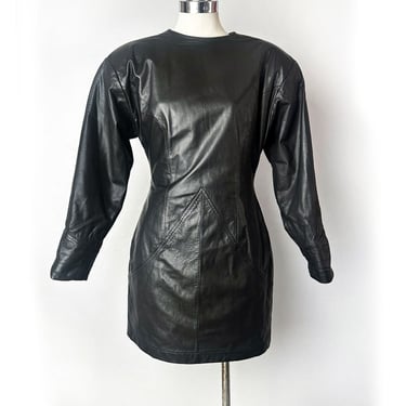 80's Black Leather Dress Ambria, Size 6, Medium, 1980's Vintage Designer Party Dress, Short Skirt, LBD Evening 