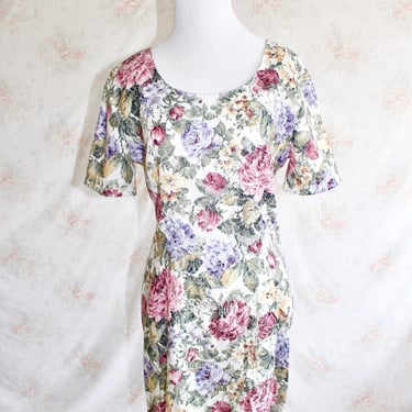 Vintage 80s Garden Party Dress, 1980s Cottagecore Dress, Floral Rose Print, Brocade, Romantic, Pastel 