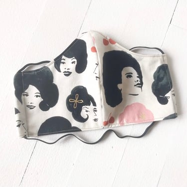 Women's Printed Cotton Face Mask, Lady + Cherry Print, Medium Adult Mask, Reversible, Machine Washable, Elastic + Ties, Handmade in USA, Fun 