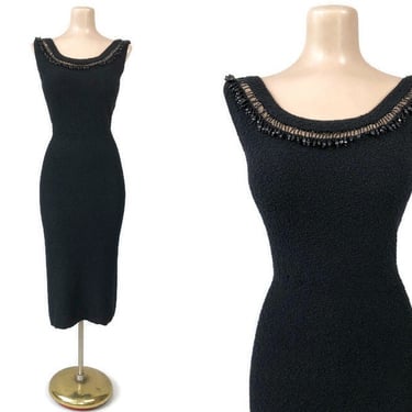 VINTAGE 1950s Black Boucle Knit Beaded Wiggle Dress by Kimberly Knitwear | 50s Handloomed Pure Wool Curvy Bombshell Sweater Dress | VFG 