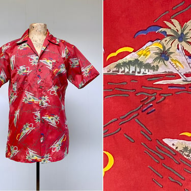 Vintage 1970s Hawaiian Shirt, Red Nylon Tropical Island Print, Medium, VFG 