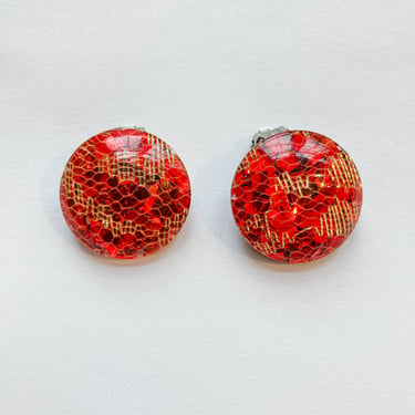 50s Lucite Red and Gold Confetti Clip-on Earrings 