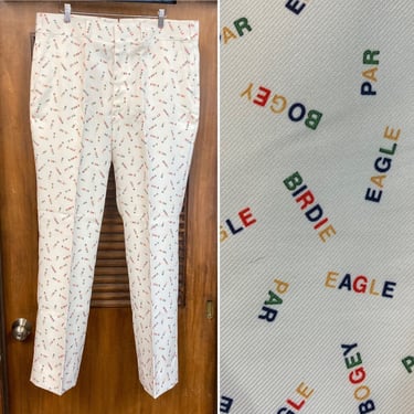 Vintage 1970’s w38 Golf Terms Pop Art Poly Disco Flat Front Pants Trousers, 70’s Vintage Clothing 