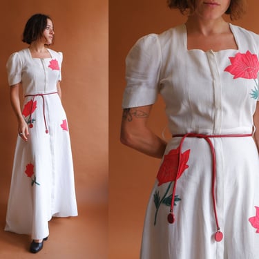 Vintage 40s Poppy Appliqué Front Zip Dress/ 1940s Square Neckline Puff Sleeve Zipper House Dress/ Size Small 26 