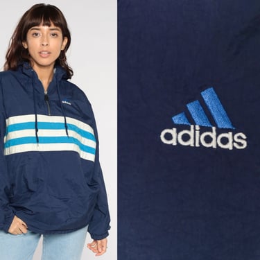 Adidas Hooded Windbreaker y2k Navy Blue Striped Jacket Quarter Zip Pullover Hoodie Retro Track Jacket Warmup Sports Streetwear Mens Large 