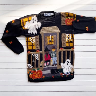 Halloween sweater 90s vintage Northern Isles haunted house ghost hand knit sweater 