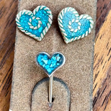 Sterling Silver Turquoise Chip Heart Stud Earrings & Pin Vintage Taxco GA01 