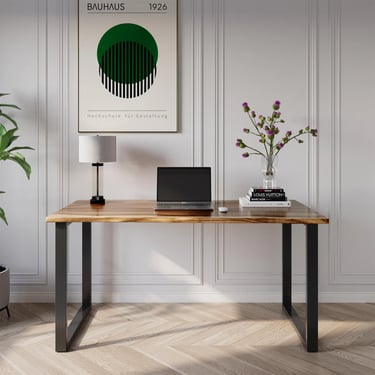 Live-Edge Walnut Color Desk | Black Steel U-Legs | Solid Acacia Hardwood Computer Desk | Modern Farmhouse Style Office Work Desk - UMBUZO 