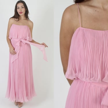 Sheer Hot Pink Miss Elliette Dress / Tiered Layered Sheer Chiffon / Vintage 70s Ruffle Avant Garde / Unique Pleated Bridal Wedding Maxi 