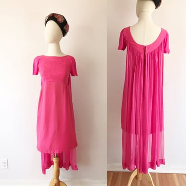 SIZE XS / XXS Vintage 1960s Pink Chiffon Dress - Bubblegum Pink Mini Dress - Cape Caped Silk Chiffon Delicate Romantic 