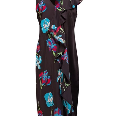 Diane von Furstenberg - Black w/ Multicolor Floral Print Silk Dress w/ Ruffled Accent Sz 12