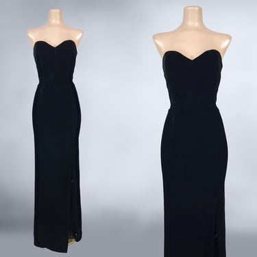 VINTAGE 80s Black Velvet Bombshell Bustier Dress by A.J. Bari Size 10 | 1980s Strapless Sweetheart Formal Prom Dress | VFG 