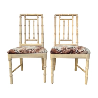 Set of 2 Faux Bamboo Dining Chairs - Vintage Wood Hollywood Regency Coastal Chinoiserie Furniture 