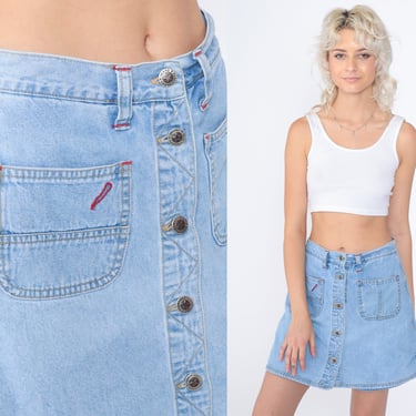 Blue Jean Skort Y2K Button Up Mini Skirt High Waisted Denim Retro Streetwear Summer Basic Plain Shorts Vintage Faded Glory 00s Medium M 32 