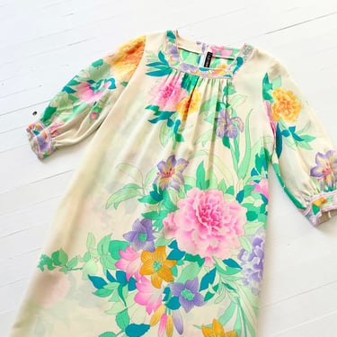 1980s Floral Print Silk Dress 