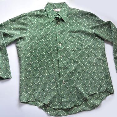 XL- 70's Green Polyester Men's Shirt Art Deco Print By Landmark, Oxford, Button Down, Long Sleeves, LARGE, 52