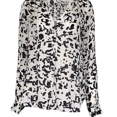 Vince - Ivory & Black Print Silk Quarter Button Front Blouse Sz 8