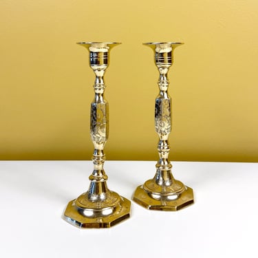 Pair of Brass Candle Holders with Flower Design 