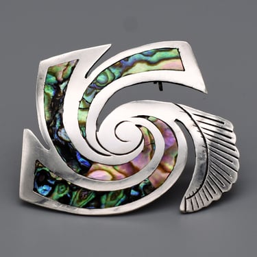 60's 925 silver abalone Rancho Alegre Modernist brooch, big Mexico shell inlay sterling AA Eagle 3 tribal swirl pin 