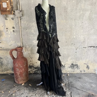 Vintage 1930s Black Silk Chiffon Jacket Dress Coat Tiered Ruffles Floral Lace
