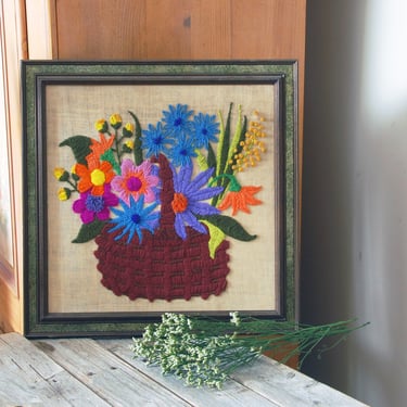 Vintage floral crewel embroidery/ vintage needlepoint art / framed embroidery / cottage decor / wildflower embroidery  / flowers needlepoint 