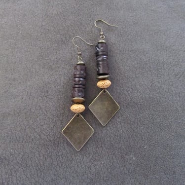 Carved wooden earrings, Afrocentric African earrings, bold earrings, statement earrings, geometric earrings, rustic bronze earrings 