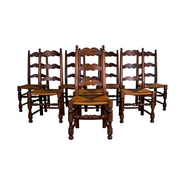 Antique Country French Style Maple Ladder Back Farmhouse Dining Chairs W/ Rush Seats - set of 8 