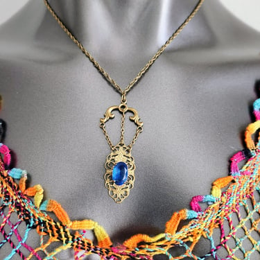 Brass Filigree & Blue Glass Necklace~Lariat Necklace 