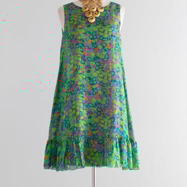 Fabulous 1960's Peacock Silk Trapeze Style Dress By Marcel Fenez of Paris / M