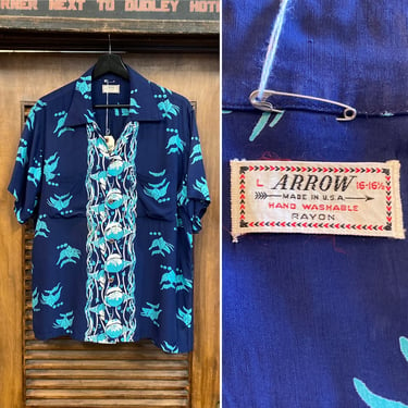 Vintage 1950’s “Arrow” Atomic Underwater Fish Pattern Rayon Hawaiian Rockabilly Shirt, 50’s Loop Collar, Vintage Clothing 