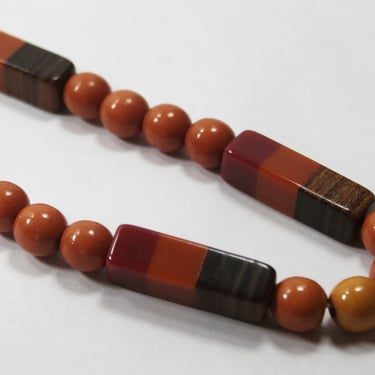 Art Deco Laminated Bakelite and Wood Rectangular Bead Necklace Orange and Brown 