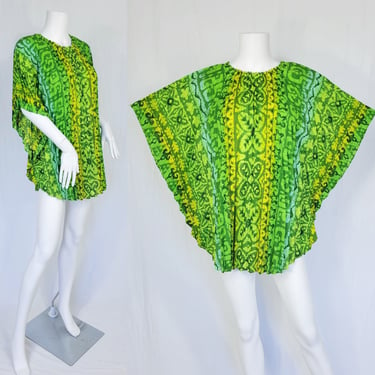 1960's Green Hawaiian Poly Accordian Pleat Butterfly Wing Top I Shirt I Blouse I Sz Med 