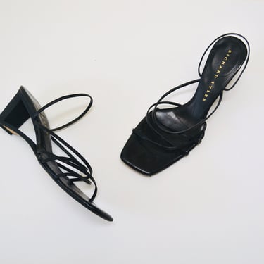 Vintage 90s 00s Black Leather High Heel Sandals Slides Size 7 Richard Tyler Avante Garde Strappy High Heel Sandals Slides 7 Made In Italy 