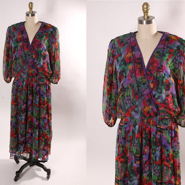 1980s Purple, Red, Green and Black Novelty Painterly Scenic Street Long Sleeve Draped Dress by Brownstone Studio -2XL 