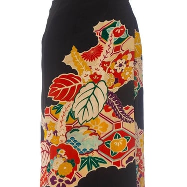 1970S Black Red Floral Wrap Skirt Made From Hand Painted Japanese Kimono Silk 