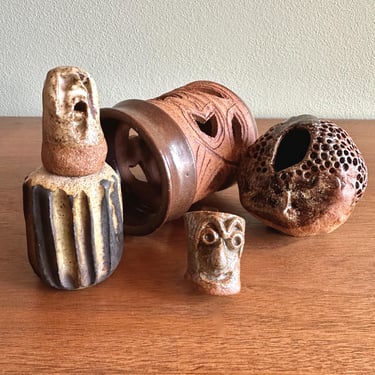 Collection of small weird vintage pottery pieces / handmade ceramic art candleholders, vase, etc 