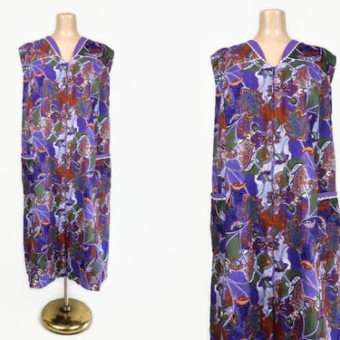 VINTAGE 60s 70s Bold Floral Op-Art House Dress With Hip Pockets | 1960s Plus Size Volup | 1970s Zip Front Smock Dress vfg 