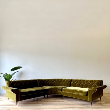 Vintage Mid Century Sectional Sofa in Green Velvet