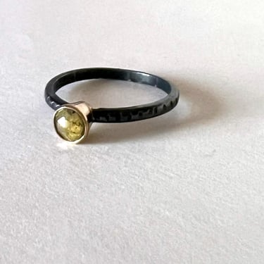 Natural Yellow // Green Rosecut Diamond Ring in 14k Gold Bezel on Hammered Sterling Black Band Alternative Engagement Ring One of a Kind 